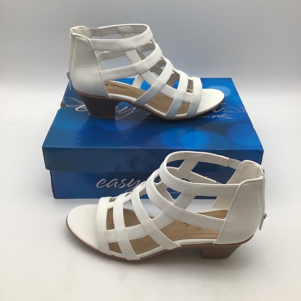 Easy Street Marg White Strappy Gladiator Block Heel Sandals Womens 8.5 Wide NEW